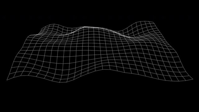 A rotating wireframe wave grid displaying an abstract 3d topographic terrain surface animation on a black background.