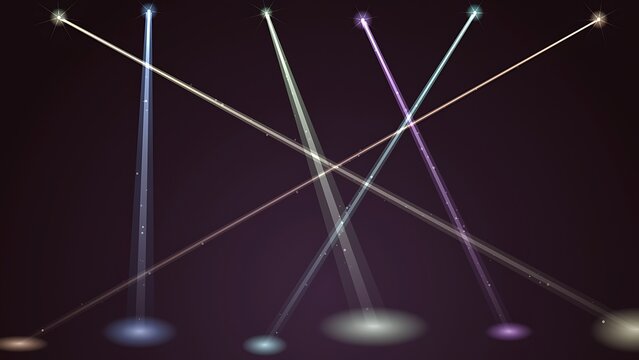 Diagonal stage spotlight beams shining bright white and blue light creating circular floor projections on a dark purple background with spotlight lighting colorful background illumination