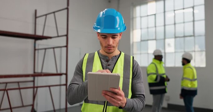 Engineer, man and tablet at construction site for development progress, design review or log report. Tech, happy person and architecture inspection, building information and maintenance schedule