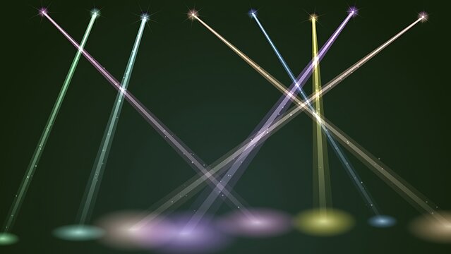 Dynamic stage spotlights casting crossing beams of multicolored light onto a dark floor surface with spotlight background performance illumination brightness entertainment lighting atmosphere