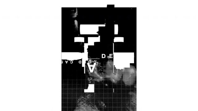 A high-contrast monochrome motion graphics sequence featuring glitching, rotating typography layouts suited for a crime or noir thriller title.