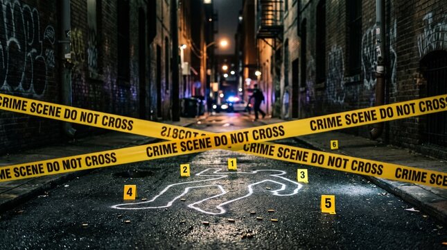 Crime scene chalk outline marked with numbered yellow evidence cards behind police caution tape in a dark brick alleyway during a dramatic night investigation operation