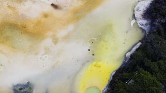 Top down aerial of vibrant geothermal mineral terraces with bright yellow sulfur deposits and steaming hot springs in Rotorua, Bay of Plenty, North Island, New Zealand