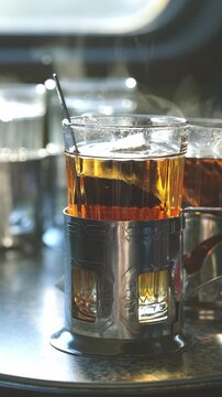 tea in a clear glass cup in a metal cup holder on a table on a train,