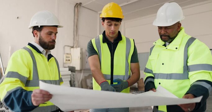 Paper, blueprint and planning with construction team, people or layout for maintenance project. Document, building design and men talking with engineer, schematic review and collaboration at site