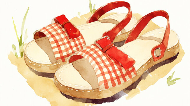 Red and white gingham patterned sandals with a bow detail resting on a sandy surface surrounded by green grass in a bright, sunny outdoor setting