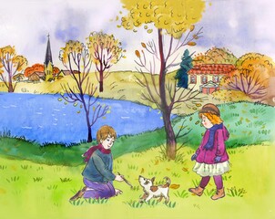 little girl , dog and boy playing in autumn park