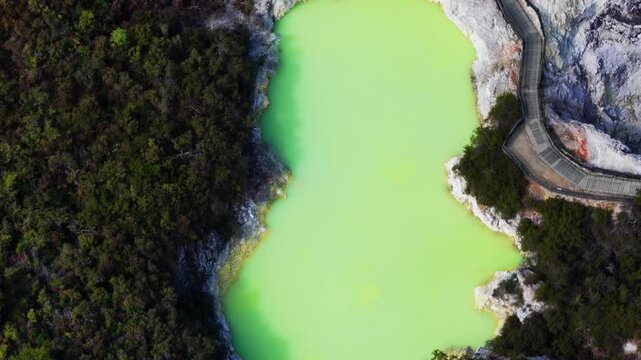 Aerial perspective of a vivid green geothermal pool in Rotorua, New Zealand, surrounded by dense native forest and mineral-rich terrain, creating an unusual natural landscape of striking color.
