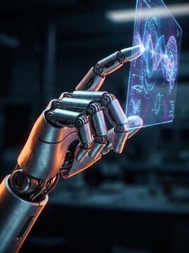 Futuristic Robotic Metallic Hand Interacting with Glowing Holographic Digital Interface Screen