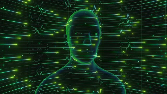 medicine loop of abstract human bust formed by glowing horizontal scan lines and wave data signals. Digital futuristic artificial intelligence model surrounded by curved network grid and particles.