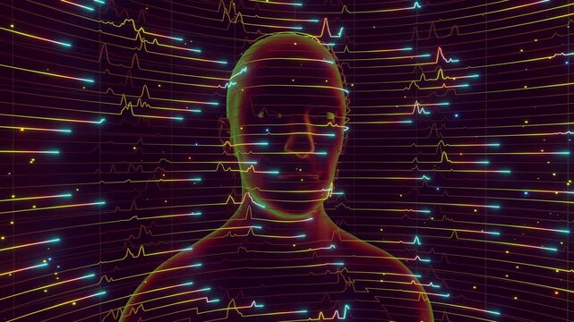 medicine loop of abstract human bust formed by glowing horizontal scan lines and wave data signals. Digital futuristic artificial intelligence model surrounded by curved network grid and particles.