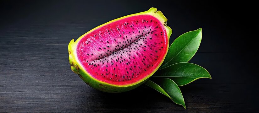 Fresh Half Pitaya Dragon Fruit With Green Leaves On Black Wood