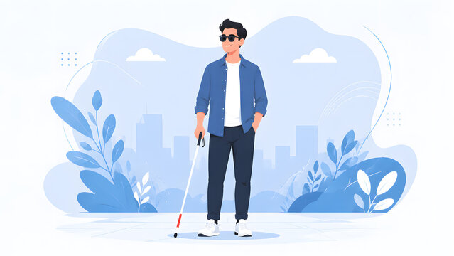 Flat vector illustration of blind man with sunglasses holding walking cane standing outdoors against city skyline background