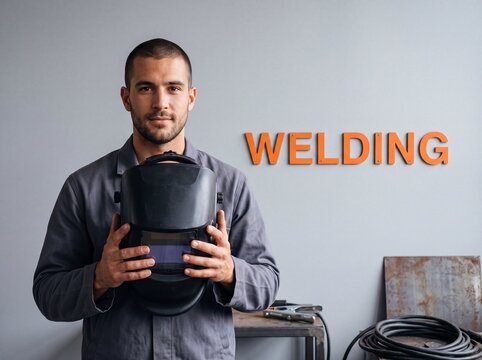 Welder holding welding helmet beside orange WELDING lettering