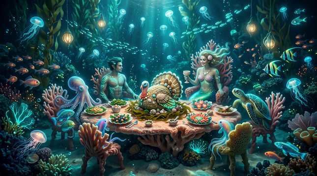 Underwater scene with mythical creatures and marine life dining together, symbolizing fantasy, imagination, and the extraordinary.