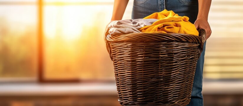 Person Holding A Wicker Laundry Basket Full Of Clean Clothes