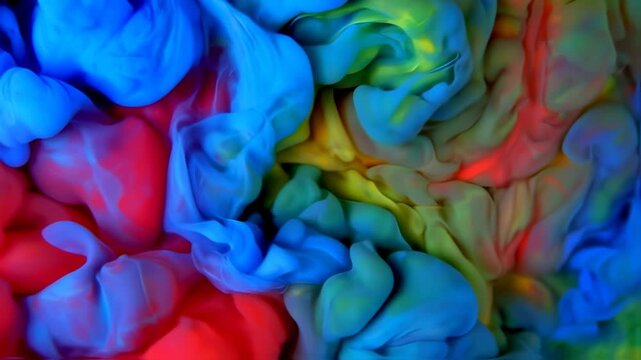 Abstract close-up of colorful smoke or liquid mixing together, vibrant reds, blues, yellows, and oranges