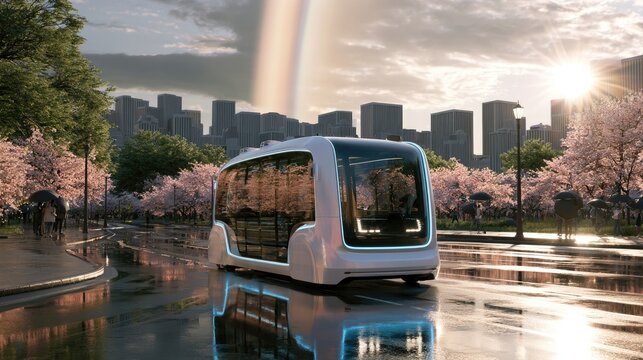 Futuristic autonomous shuttle navigates a blooming cherry blossom-lined city street