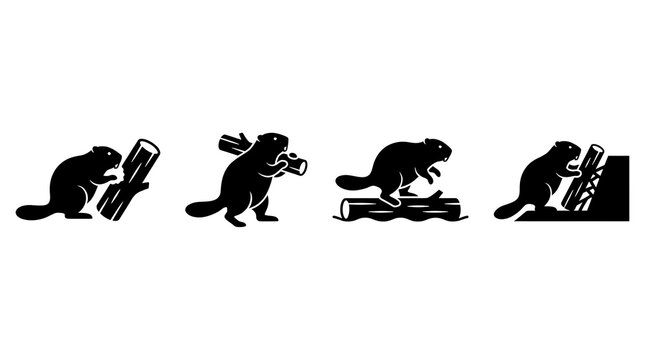Beaver silhouette icons gnawing wooden logs.