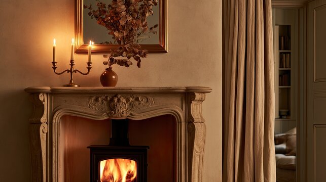 Elegant fireplace with glowing fire, ornate mantle, and candles