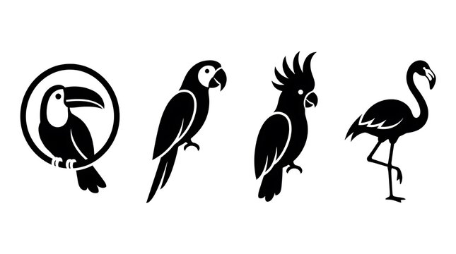 Black tropical bird silhouettes on white background.