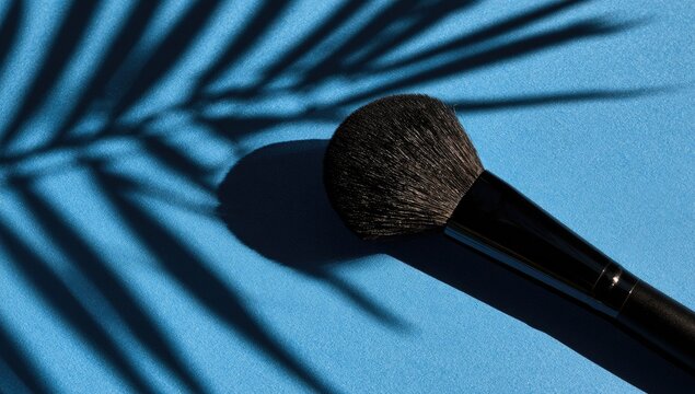 A fluffy makeup brush casts a dramatic shadow from a palm frond