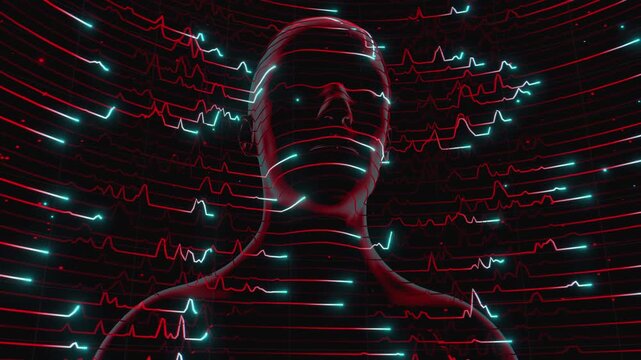 medicine loop of abstract human bust formed by glowing horizontal scan lines and wave data signals. Digital futuristic artificial intelligence model surrounded by curved network grid and particles.