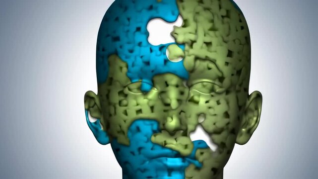 A 3D rendered human face with the appearance of a fragmented globe. Blue, green, and white colors