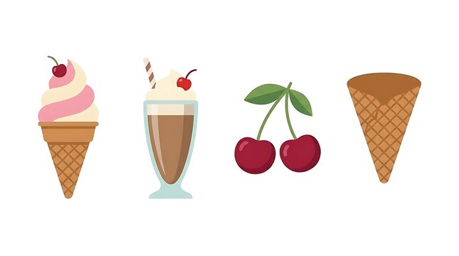 Colorful summer dessert icons featuring ice cream and cherries.