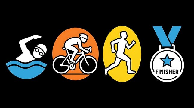 Colorful triathlon icons for swimming, cycling, and running.