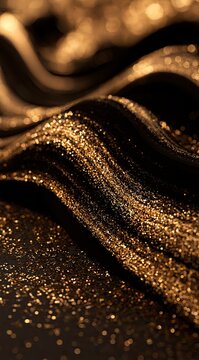 Close-up of shimmering golden threads flowing over dark fabric with sparkling highlights