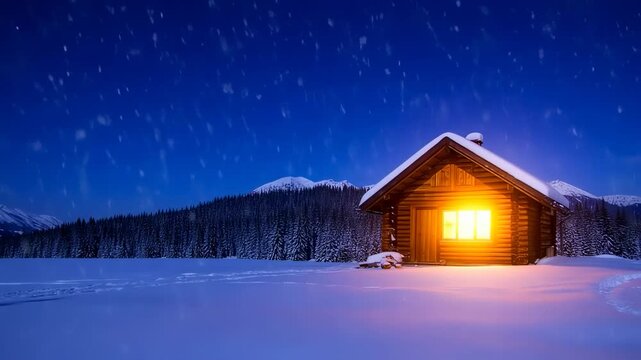 A snow-covered cabin glows warmly in the night. Pines, mountains, and falling snow complete scene