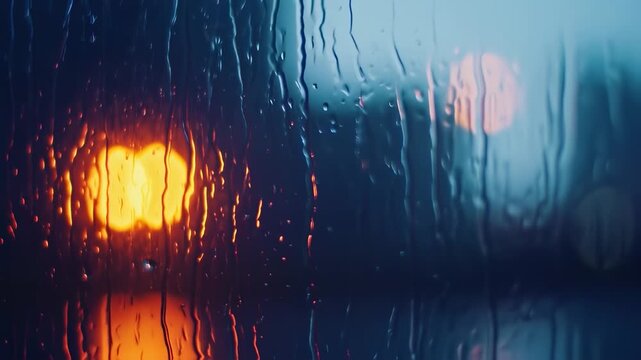 A view through a rain-streaked window, with blurred lights and a cool color palette