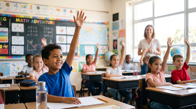 Students raise hands in classroom, a scene of active learning and engagement, symbolizing education and participation, ideal for school or knowledge concepts