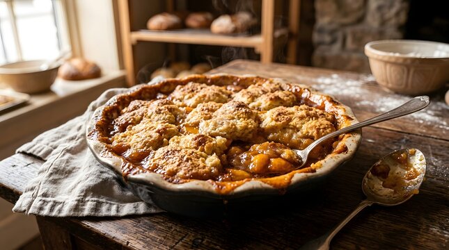 Warm fruit pie with crumble topping served in rustic kitchen setting