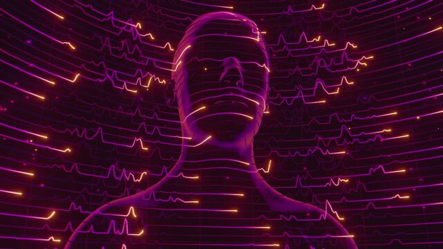 medicine loop of abstract human bust formed by glowing horizontal scan lines and wave data signals. Digital futuristic artificial intelligence model surrounded by curved network grid and particles.