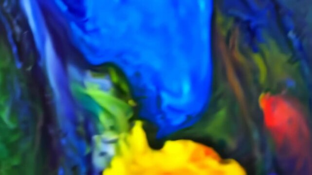 Abstract, fluid artwork with vibrant blue, yellow, red, and green colors blending together