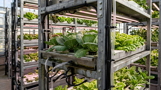 Advanced agriculture technique vertical farming hydroponic aquaponic vegetable cabbage grows on rack