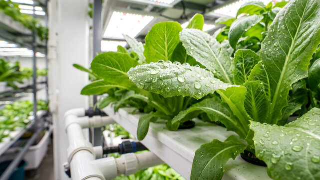 Close up of healthy hydroponic vegetables growing under full spectrum led lights high tech farming
