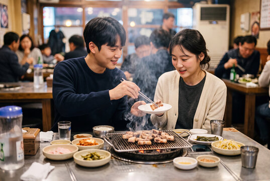 Young couple grilling korean barbecue at a busy restaurant table for food blog background and menu banner design