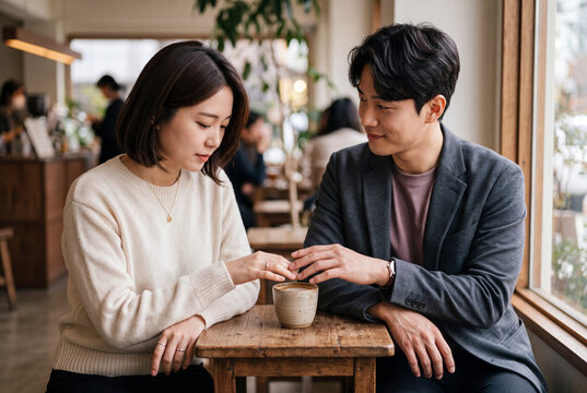 Young couple holding hands over a coffee cup in a cozy cafe candid lifestyle scene for banner background and social content