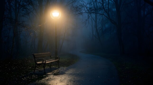 Empty park bench under glowing street lamp in a dark, foggy, and mysterious night forest.