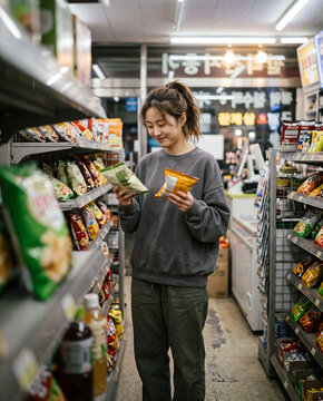 Young woman choosing snacks in convenience store aisle for lifestyle banner and everyday shopping background design