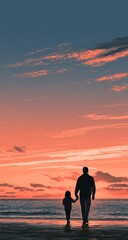 Fototapeta premium Silhouetted figures of a father and child holding hands on a beach at sunset