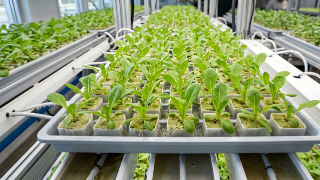 Vibrant green seedlings thrive in a modern hydroponic system. innovative agriculture and sustainable