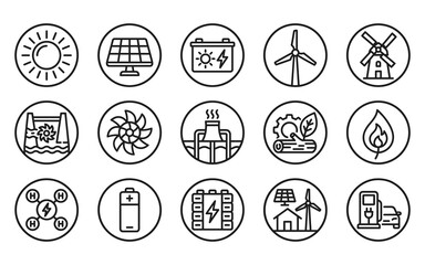 Fototapeta premium Set of fifteen thin line icons representing renewable energy sources sustainable power technologies and green electricity solutions for modern environmental design projects