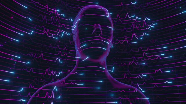 medicine loop of abstract human bust formed by glowing horizontal scan lines and wave data signals. Digital futuristic artificial intelligence model surrounded by curved network grid and particles.
