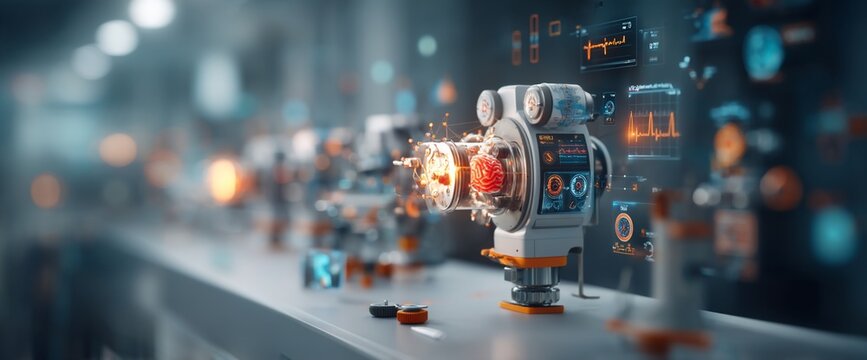 Futuristic industrial automation. Digital devices with glowing interfaces, data visualization, and advanced technology