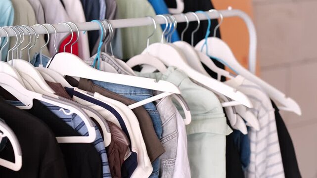 Organized Closet with Clothes on White Hangers - Wardrobe Storage and Clothing Organization.