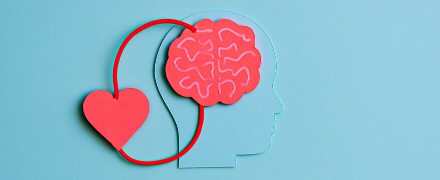 Paper cutouts of brain and heart connected by red line within head silhouette